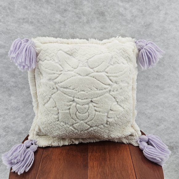 Terry Cloth Cotton Tasseled Cream Lavender throw‎ pillow 10x10" Boho - Picture 2 of 6